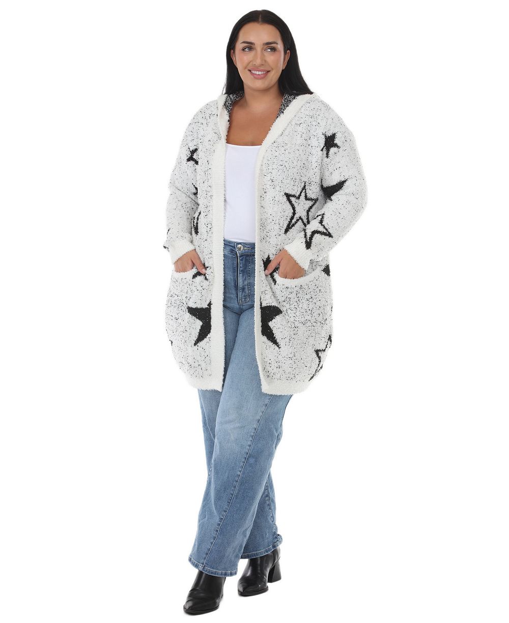White Mark Plus Size Hooded Star-Print Sherpa Cardigan Sweater