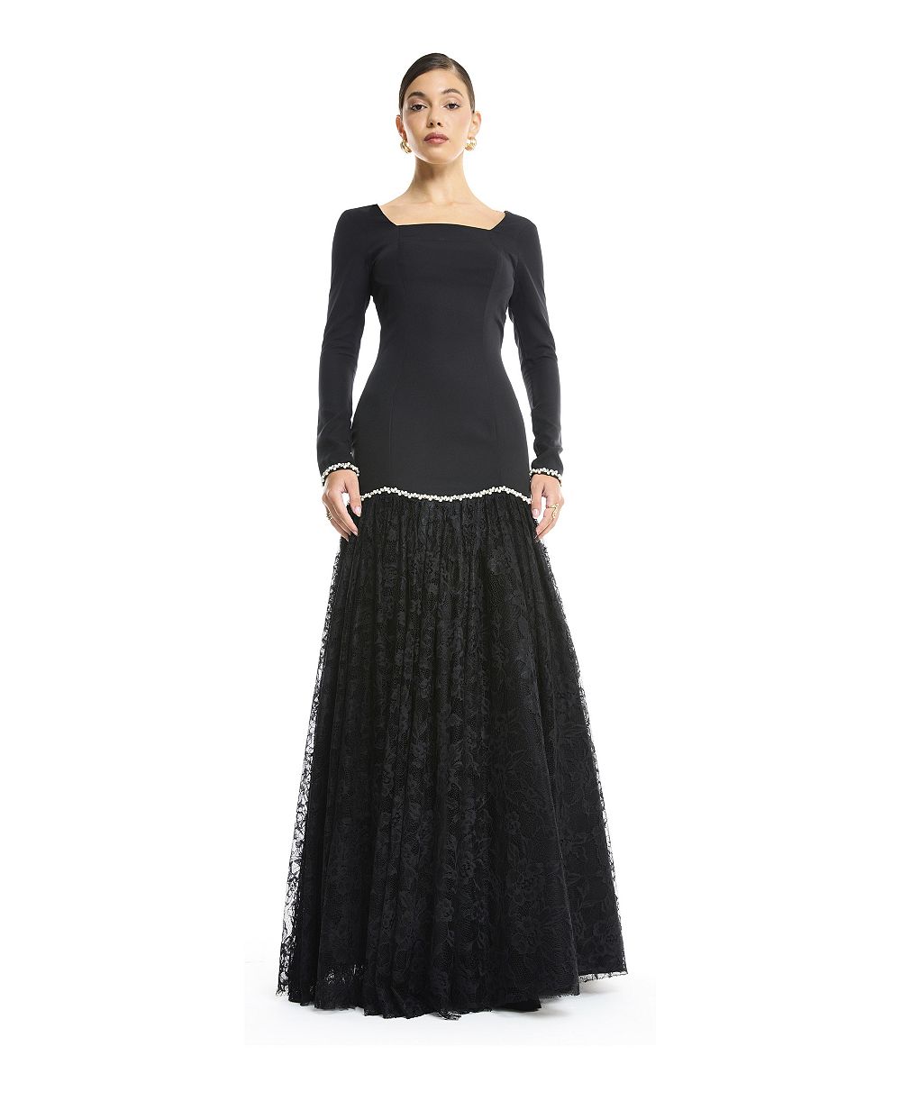AMRI Women's Long Sleeve Square Neck Drop Waist Evening Dress