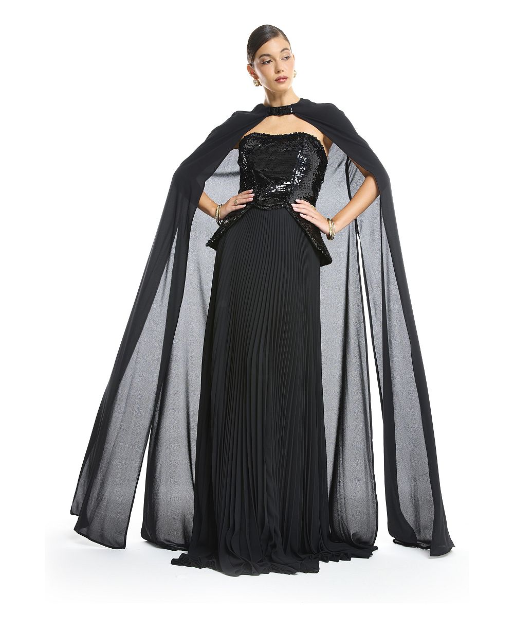 AMRI Women's Sequin Bustier Pleated Evening Gown with Detachable Cape