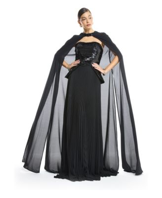 AMRI Women's Sequin Bustier Pleated Evening Gown with Detachable Cape