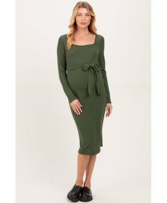 Pinkblush Women's Beige Ribbed Long Sleeve Square Neck Tie Belt Midi Dress