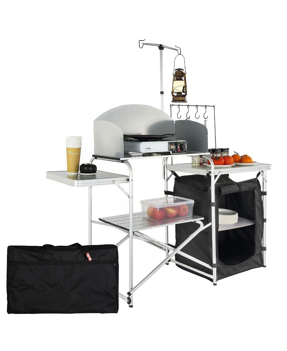 SUGIFT Folding Camping Kitchen Table with Windscreen Cupboard Lamp Pole and Carrying Bag