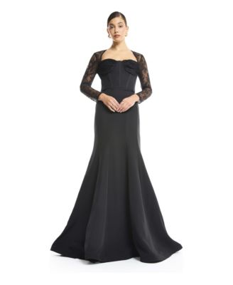 AMRI Women's Sweetheart Bustier with Sheer Lace Sleeves Mermaid Evening Dress