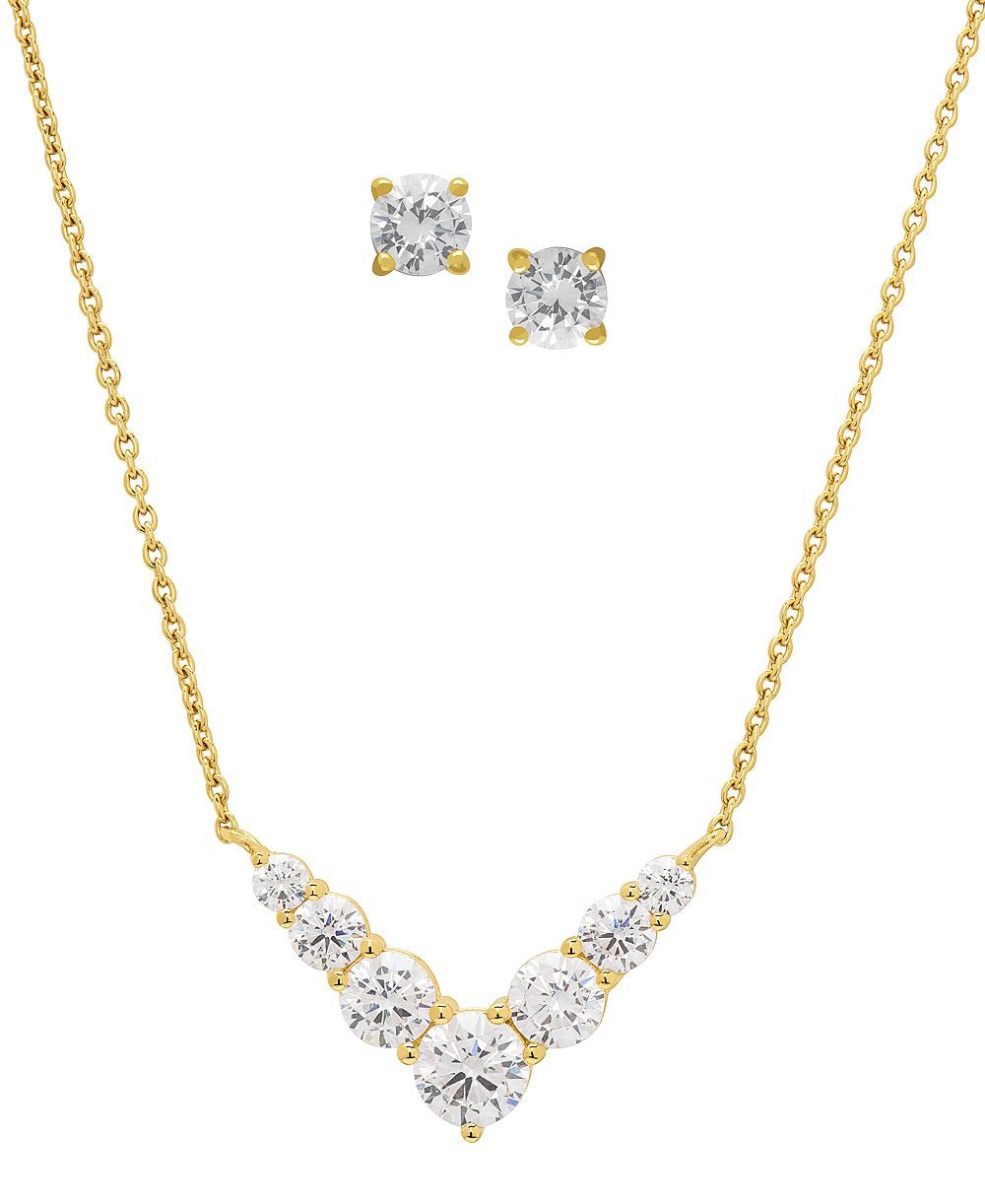 Macy's Lab-Grown White Sapphire Stud Earrings and Pendant Necklace (6-3/8 ct. t.w.) in Gold-Tone Sterling Silver, 2-Piece Set