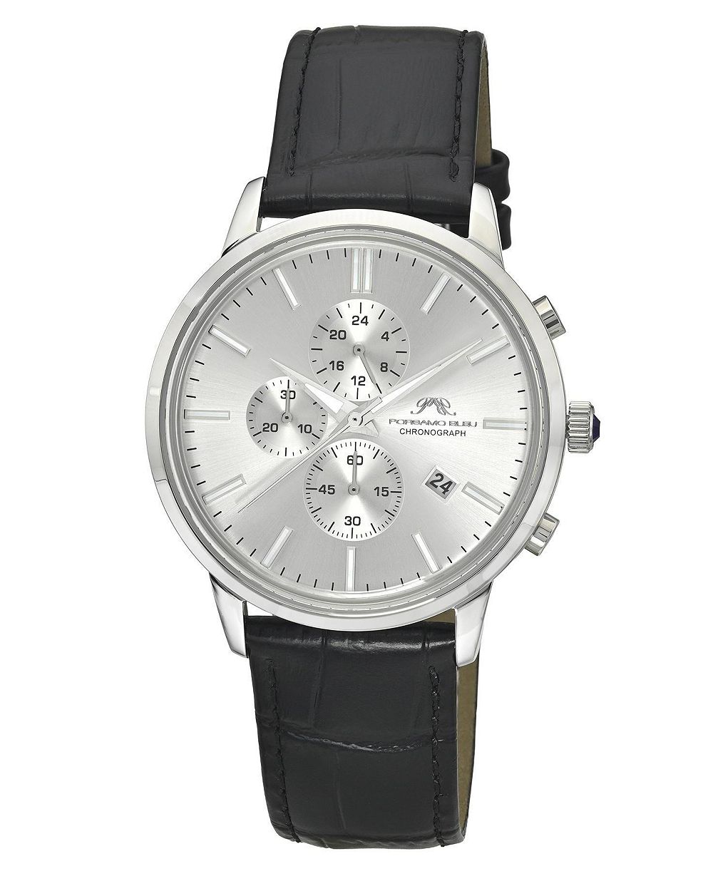 Porsamo Bleu Men's Aura Chronograph Black Genuine Leather Band Silver Tone Watch 44 mm