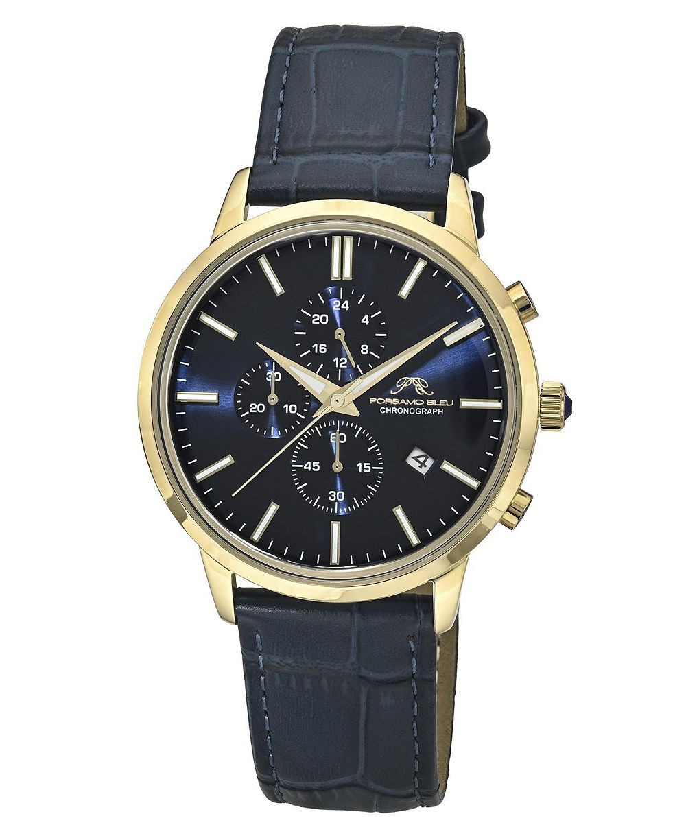 Porsamo Bleu Men's Aura Chronograph Blue Genuine Leather Band Gold Tone Watch 44 mm