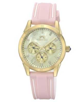 Porsamo Bleu Women's Georgie Multifunction Pink and White Silicone Strap Gold Tone Mother Of Pearl  Dial Watch 39 mm