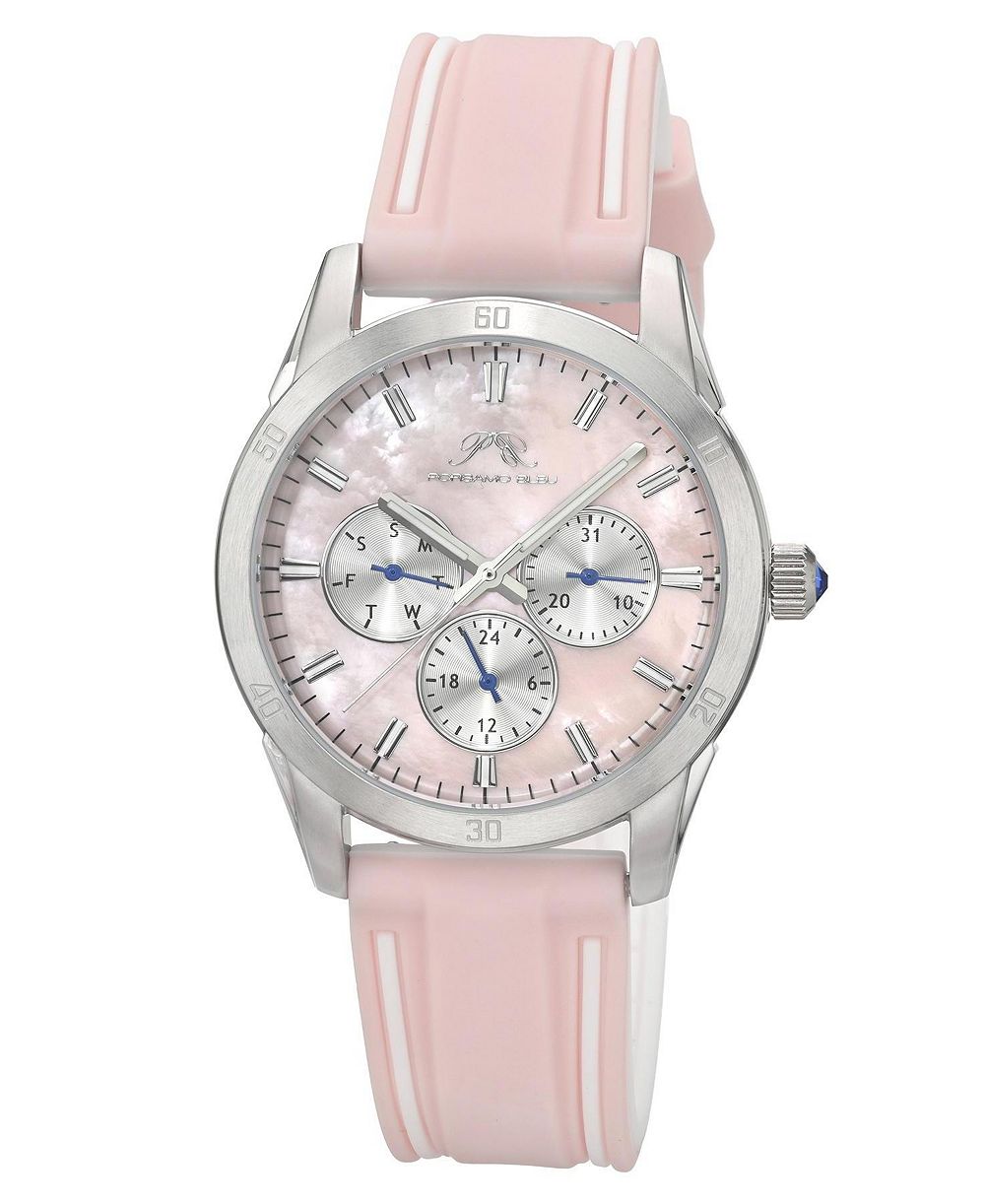 Porsamo Bleu Women's Georgie Multifunction Pink and White Silicone Strap Silver Tone and  Pink Mother Of Pearl  Dial Watch 39 mm