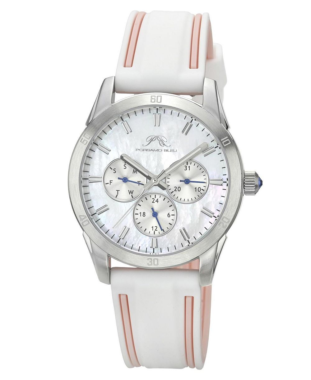 Porsamo Bleu Women's Georgie Multifunction White and Pink Silicone Strap Silver Tone Mother Of Pearl  Dial Watch 39 mm