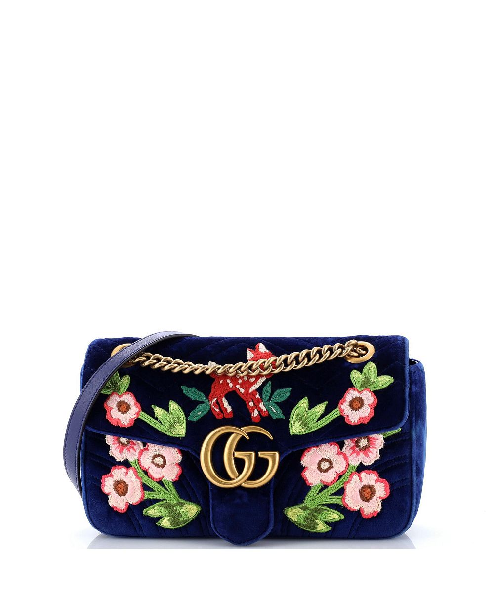 Pre-Owned Gucci Small GG Marmont Flap Bag Embroidered Matelasse Velvet