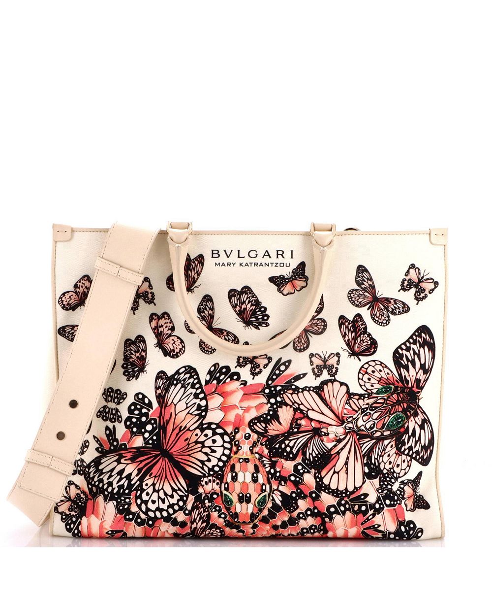 Б/у сумка-шоппер bvlgari medium convertible shopping tote из ткани с принтом и кожи