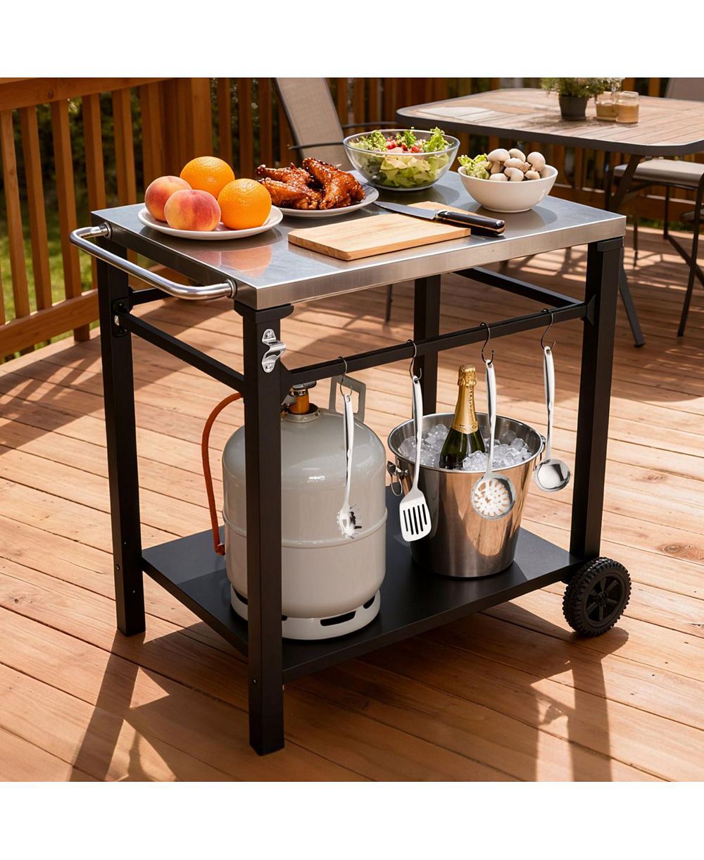 Уличная тележка Streamdale Furniture для гриля с двумя уровнями, нержавеющей верхней частью и крючками для инструментов