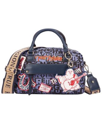 True Religion Women's Multi Patch Graphic Satchel Bag with Detachable Guitar Buddha Charm - Convertible Crossbody Handbag