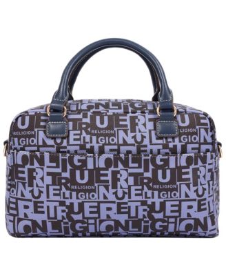 True Religion Women's Multi Patch Graphic Satchel Bag with Detachable Guitar Buddha Charm - Convertible Crossbody Handbag