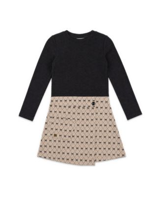 Deux par Deux Girls' 4-16 Bow-Tie Allover Print Long-Sleeve Wrap-Style Dress