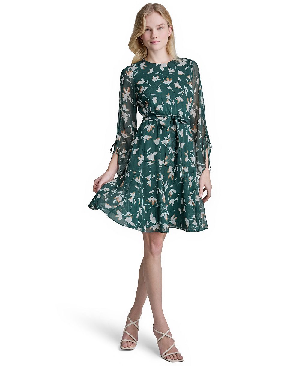 Женское платье DKNY A-line с цветочным принтом и длинным рукавом