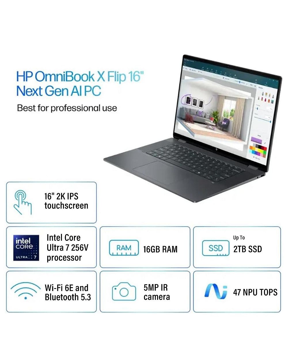 HP OmniBook X 16" FHD+ сенсорный ноутбук 2-в-1, Intel Core Ultra 7 256V, Intel Arc 140V, 16 ГБ ОЗУ, 2 ТБ SSD, Wi-Fi 6, Win11 Pro, серый