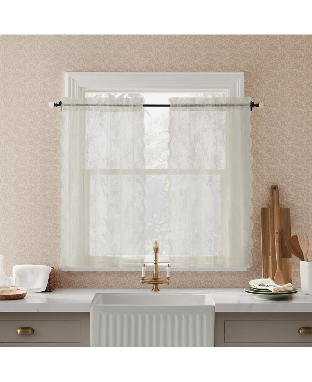No. 918 Lillemor Vintage Floral Lace Sheer Rod Pocket Kitchen Curtain Tier Pair