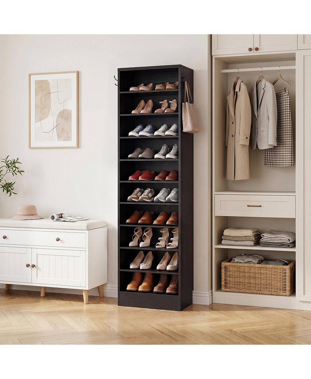 Aheaplus 10-Tiers Tall Shoe Cabinet with Hooks, Entryway Shoe Storage Organizer