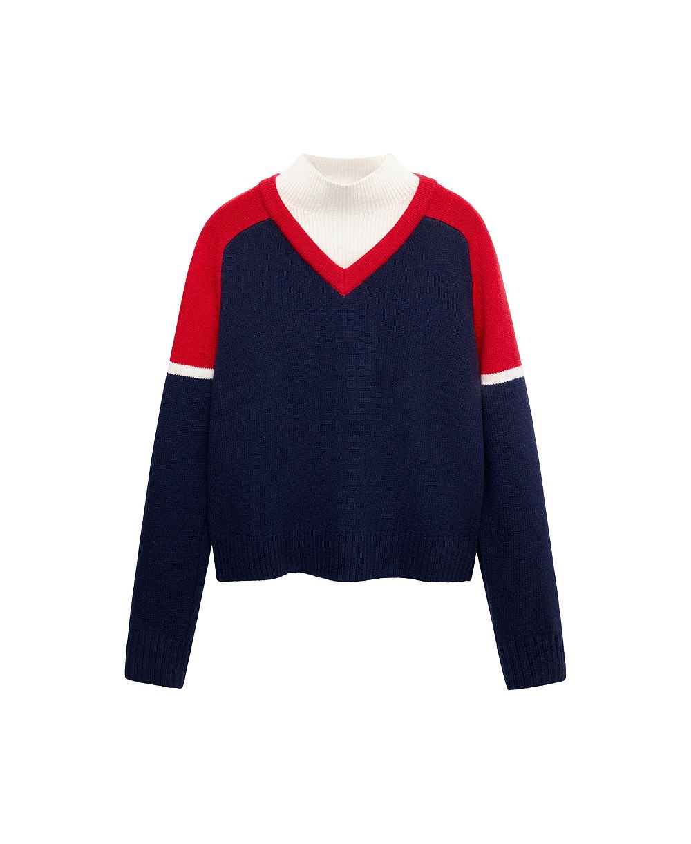 MANGO Women's Selection High Neck Contrast-Overlay Wool-Blend Sweater