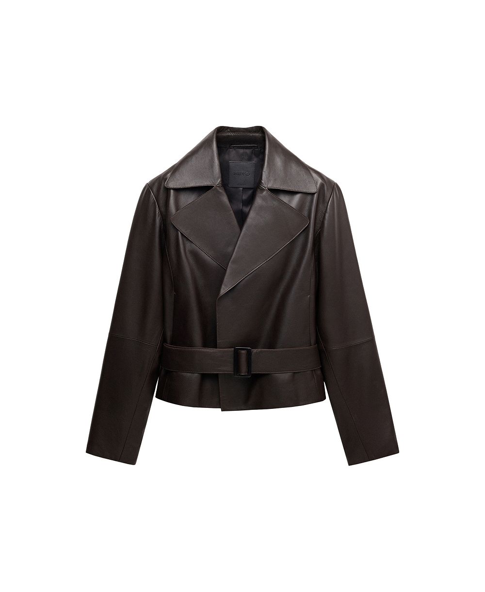 MANGO Women's Selection Leather Belted Cropped Trench Jacket