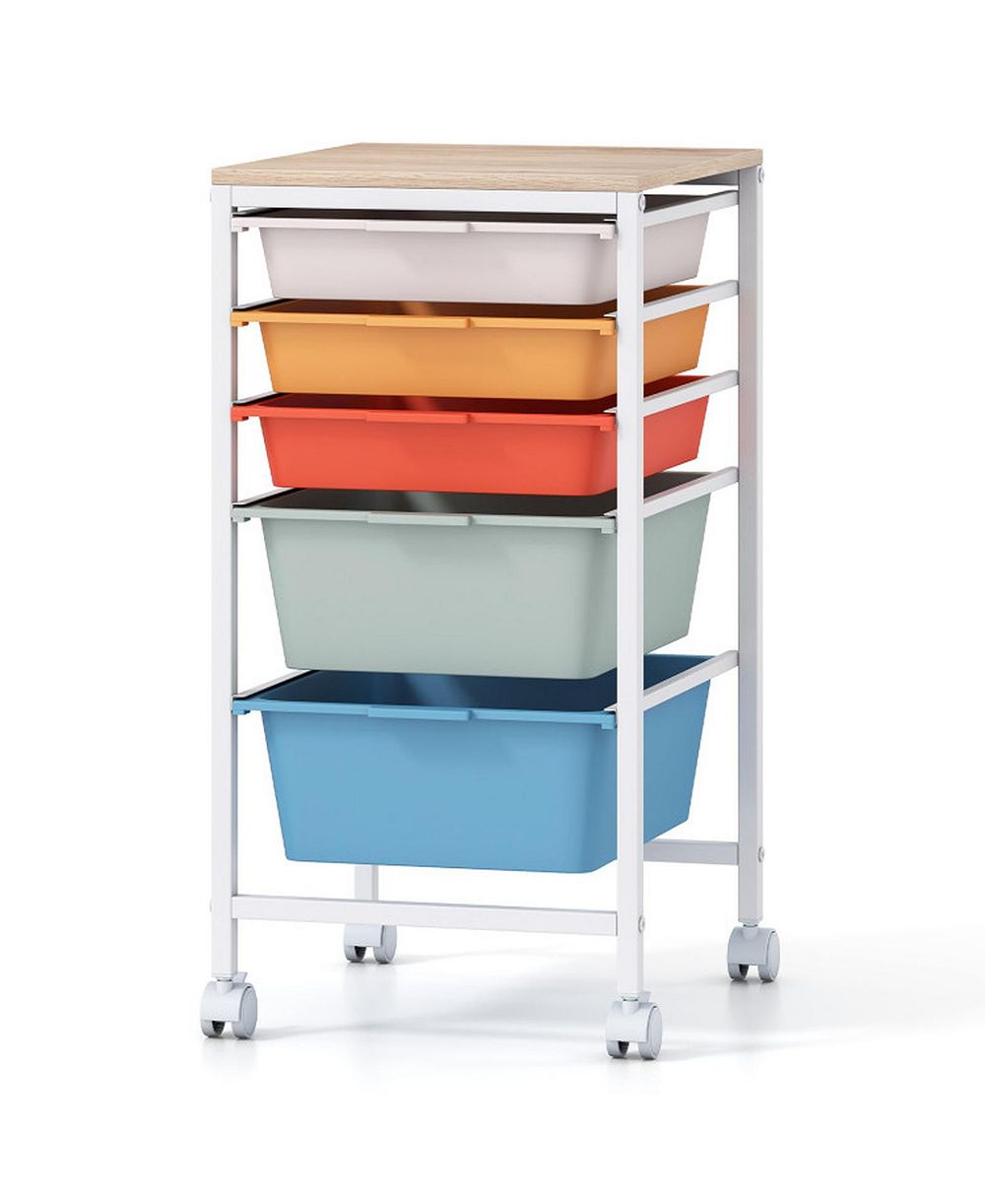 GOUUN 5-Drawer Rolling Utility Cart with Wood Tabletop and Locking Wheels