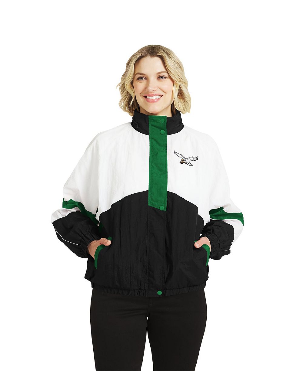 WEAR by Erin Andrews Women's White/Black Philadelphia Eagles Throwback Crinkle Full-Snap Hooded Windbreaker Jacket