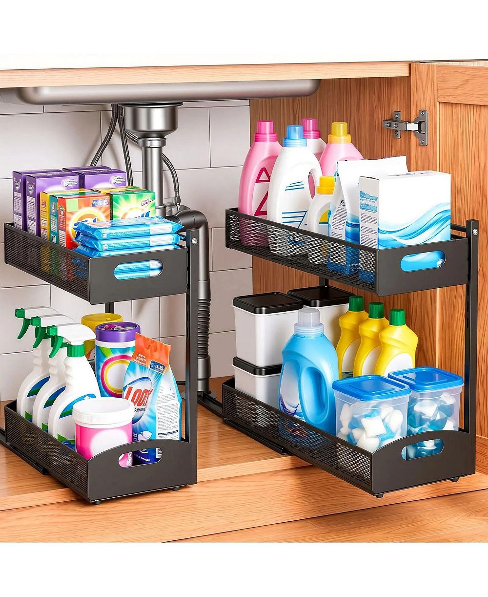 SUGIFT 2 Pack Slide Out 2-Tier Under Sink Organizer with Metal Rails for Bathroom and Kitchen