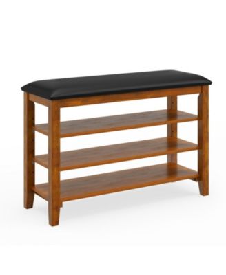 GOUUN 3-Tier Rubber Wood Shoe Rack Bench with Adjustable Shelves and Cushion