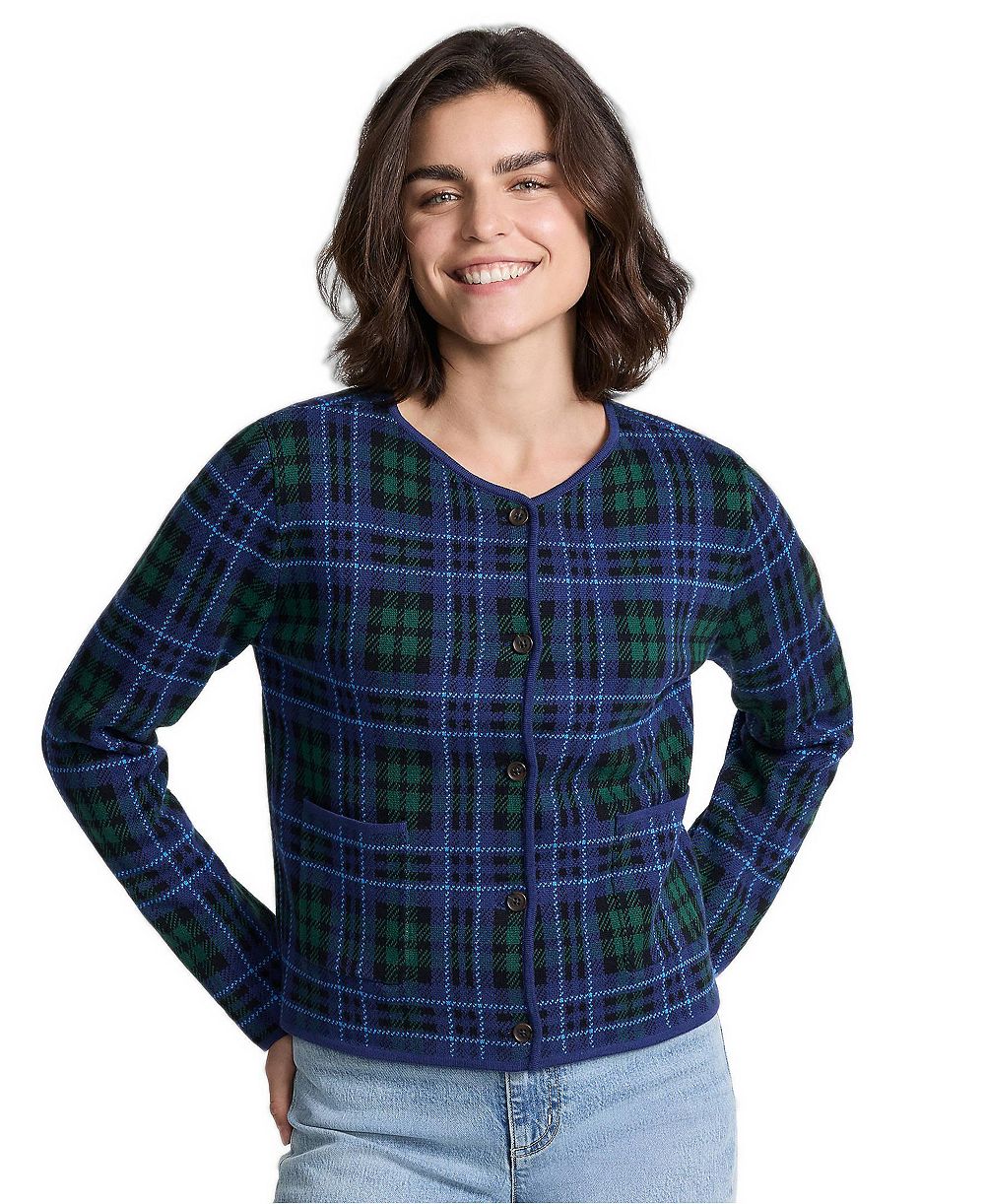 Lands' End Women's Fine Gauge Cotton Jacquard Blazer Sweater