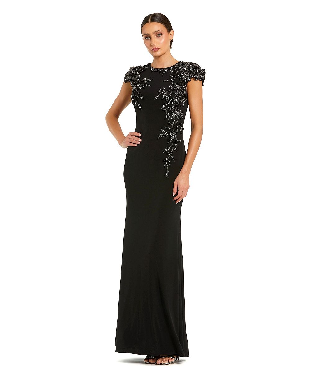 Женское вечернее платье Mac Duggal с бисерным цветочным узором и короткими рукавами-крылышками