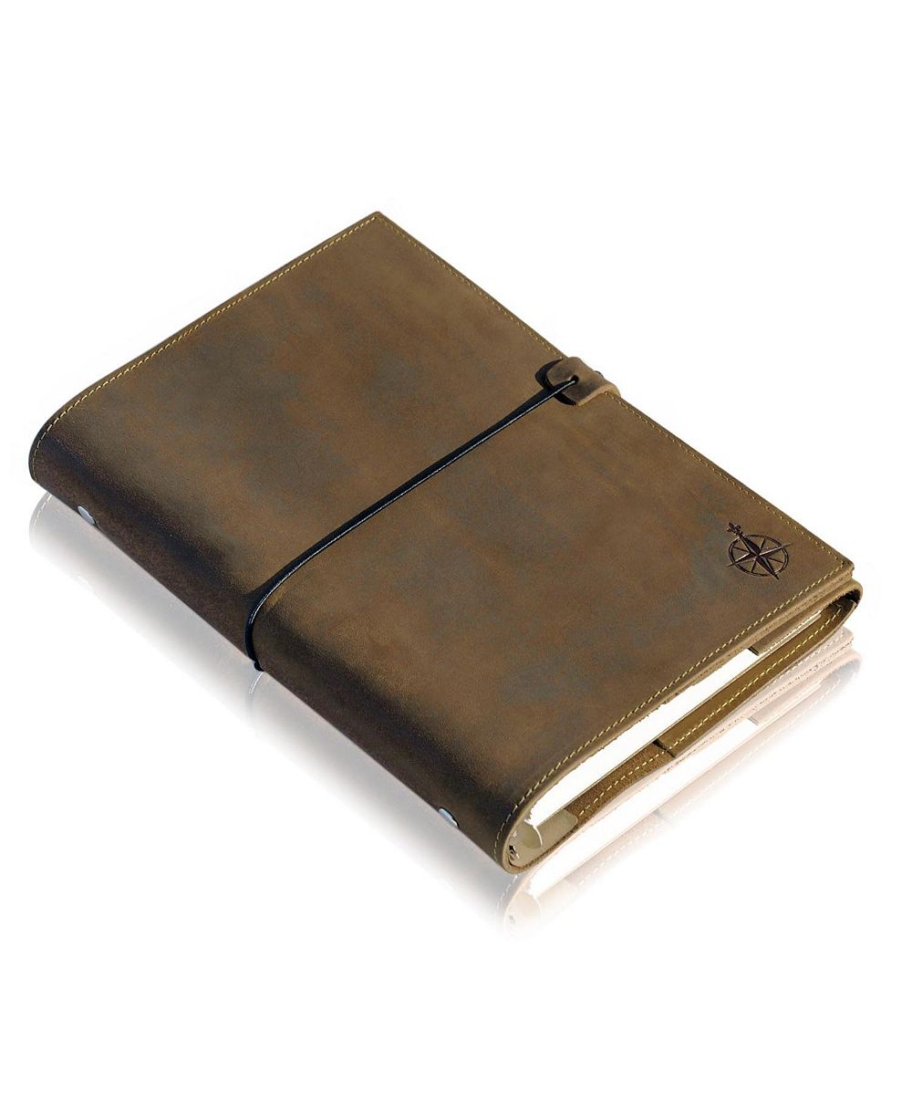 DANRONG Full Grain Leather Refillable 6 Ring Planner With Inner Pockets and Calendar Inserts