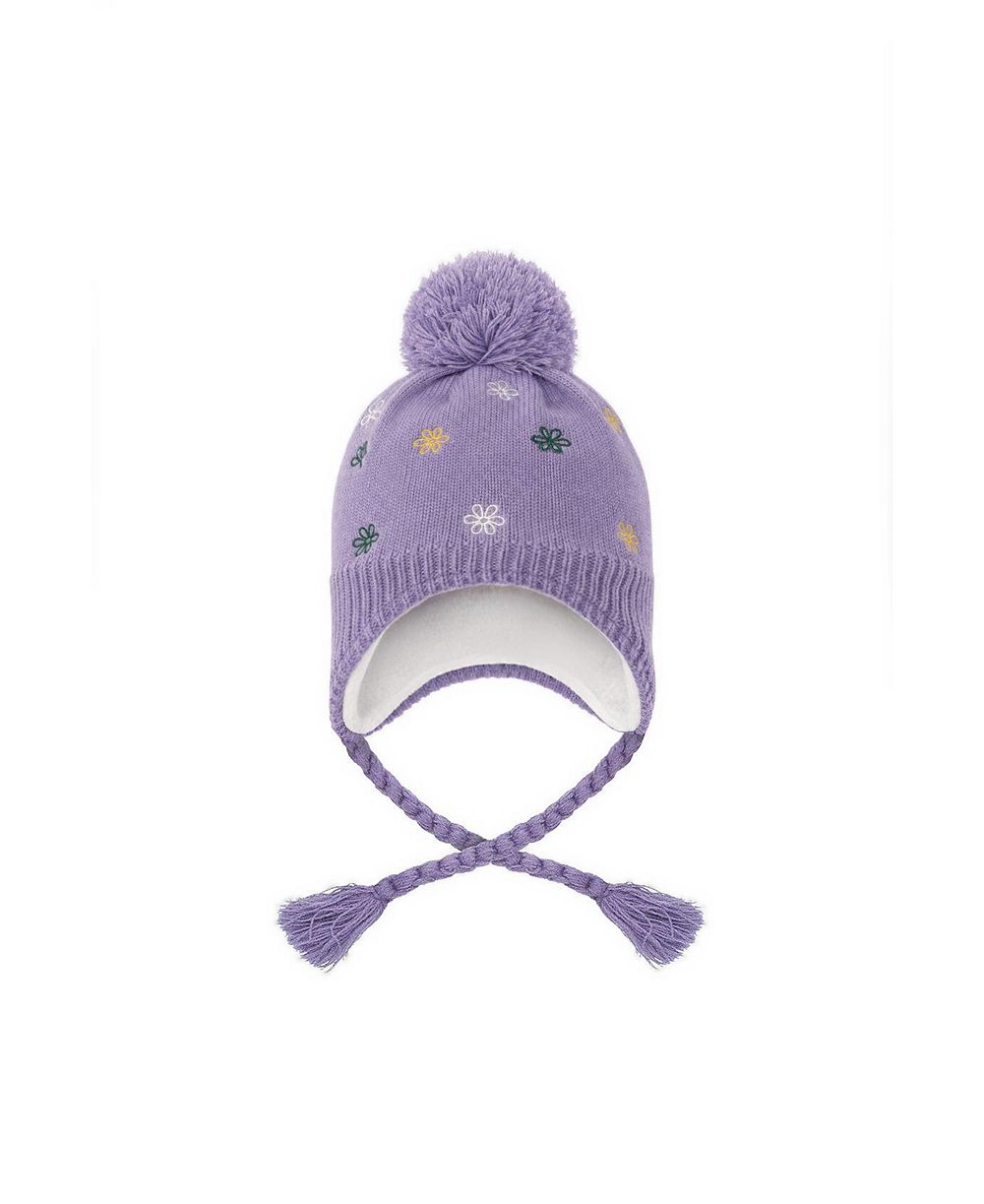 Deux par Deux Girls' Winter Peruvian Knit Hat Embroidered Flowers Pompom Beanie