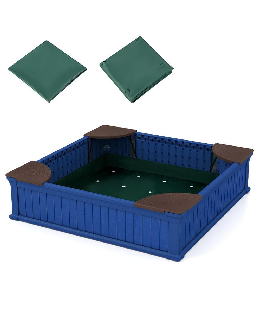 HONGGE Kids 48.5" Square Outdoor Sandbox with Waterproof Oxford Cover and 4 Corner Seats, Ages 3+
