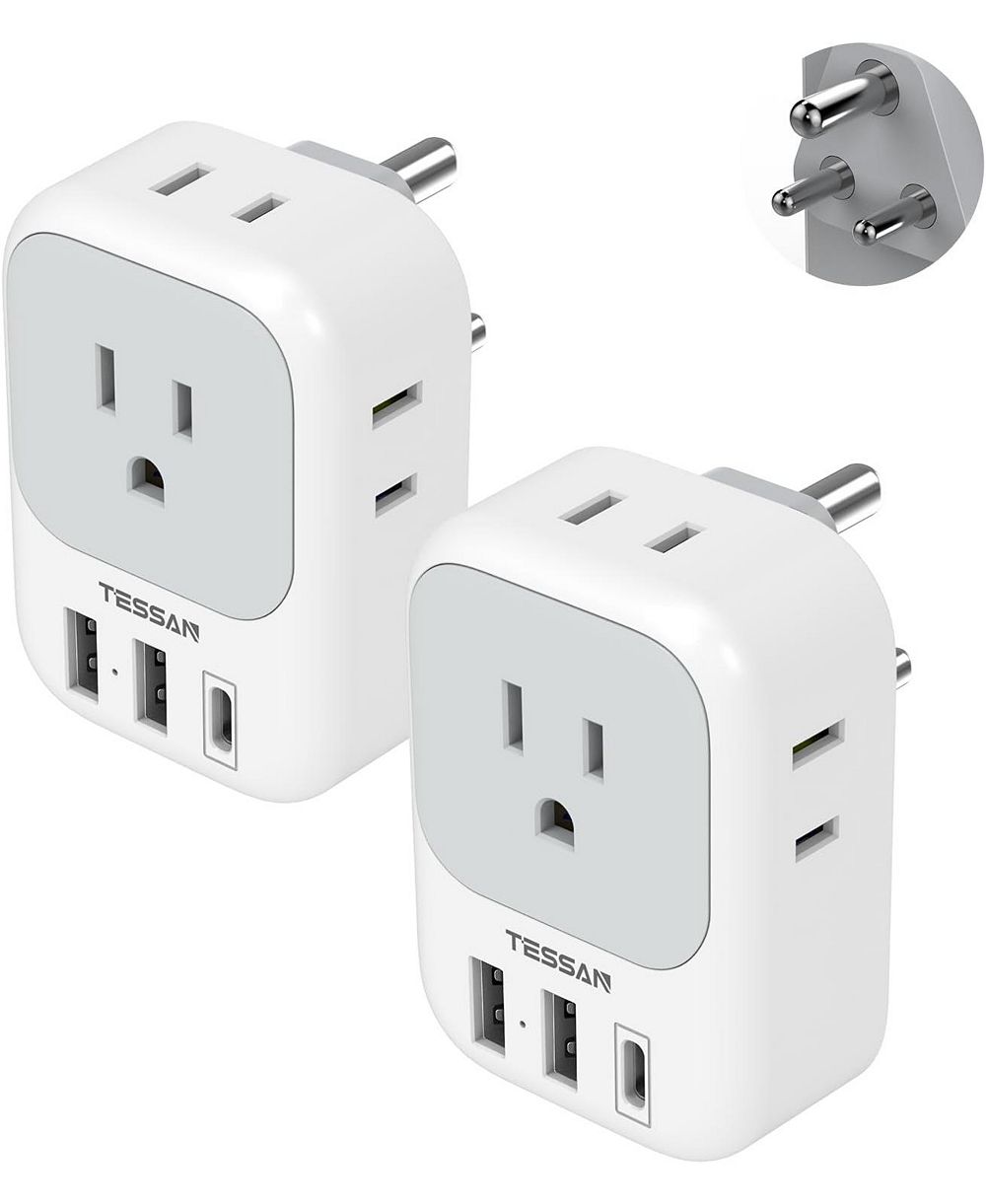 TESSAN Адаптер для путешествий в Индию Type D с 4 розетками и 3 USB-портами, 2 шт.