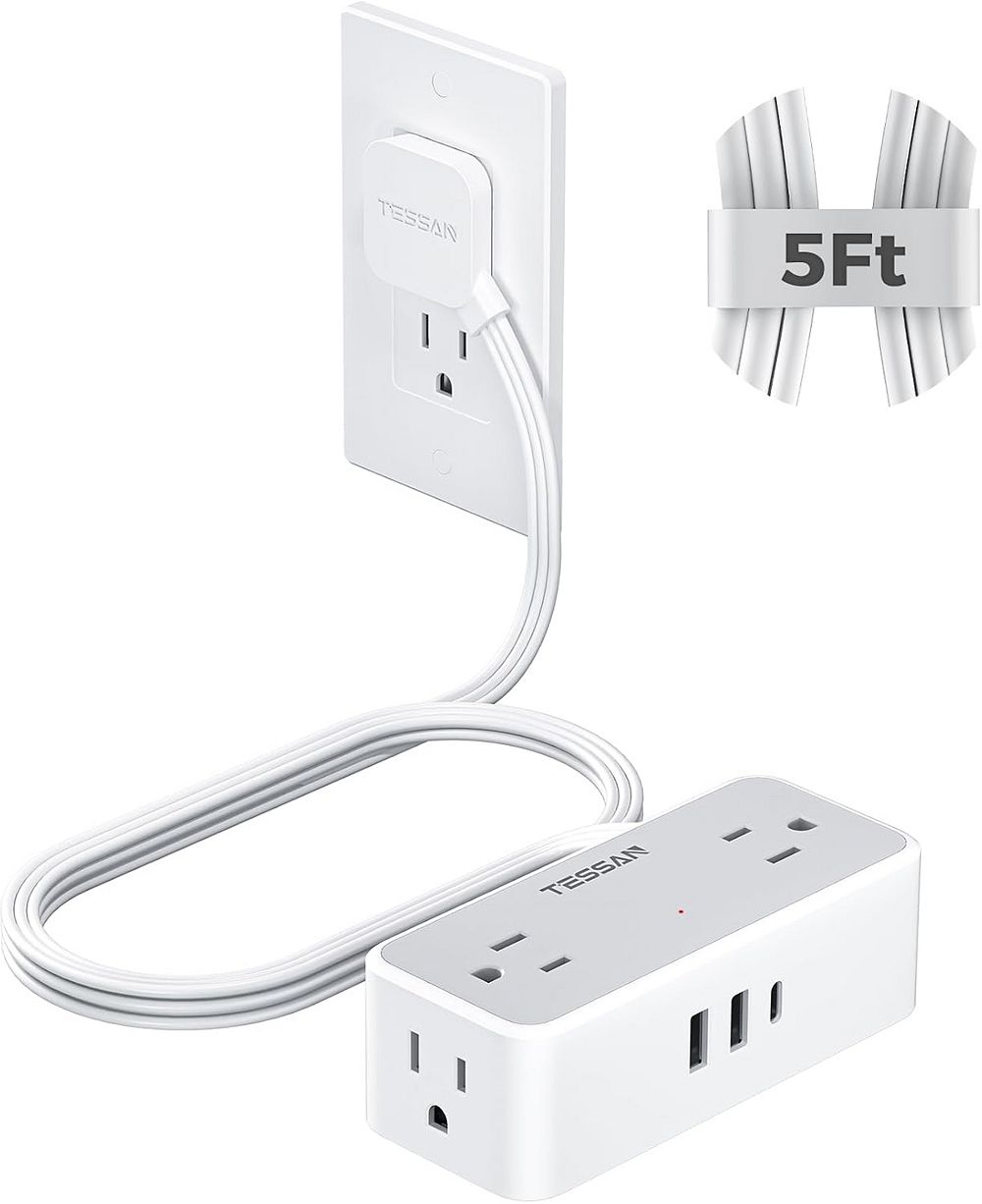 TESSAN 5-Foot Surge Protection Power Strip with 4 AC Outlets and 3 USB Ports for Compatible North American Plugs
