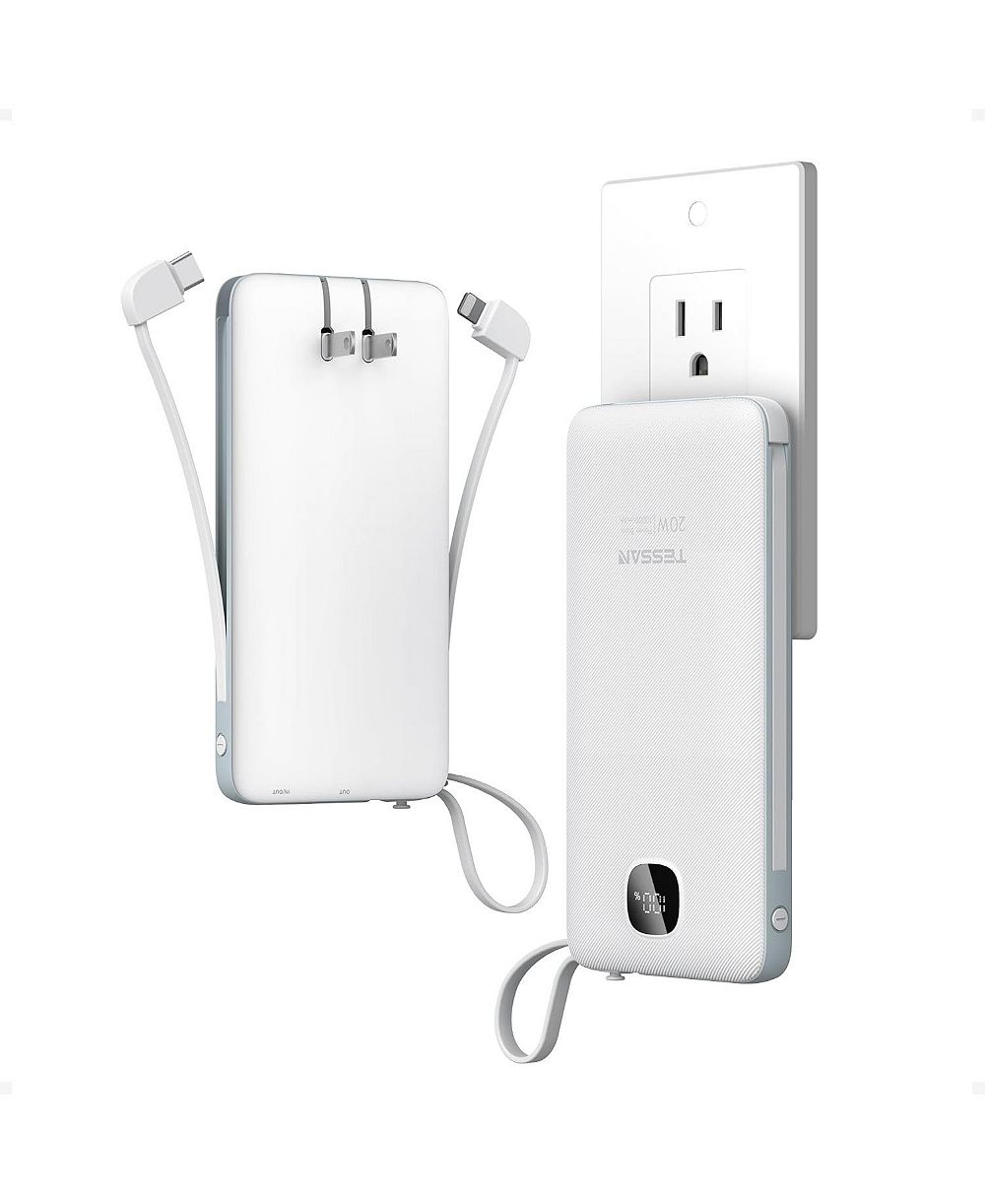 TESSAN 10000mAh Portable Charger with Built-In Cables and 20W PD for Compatible Devices