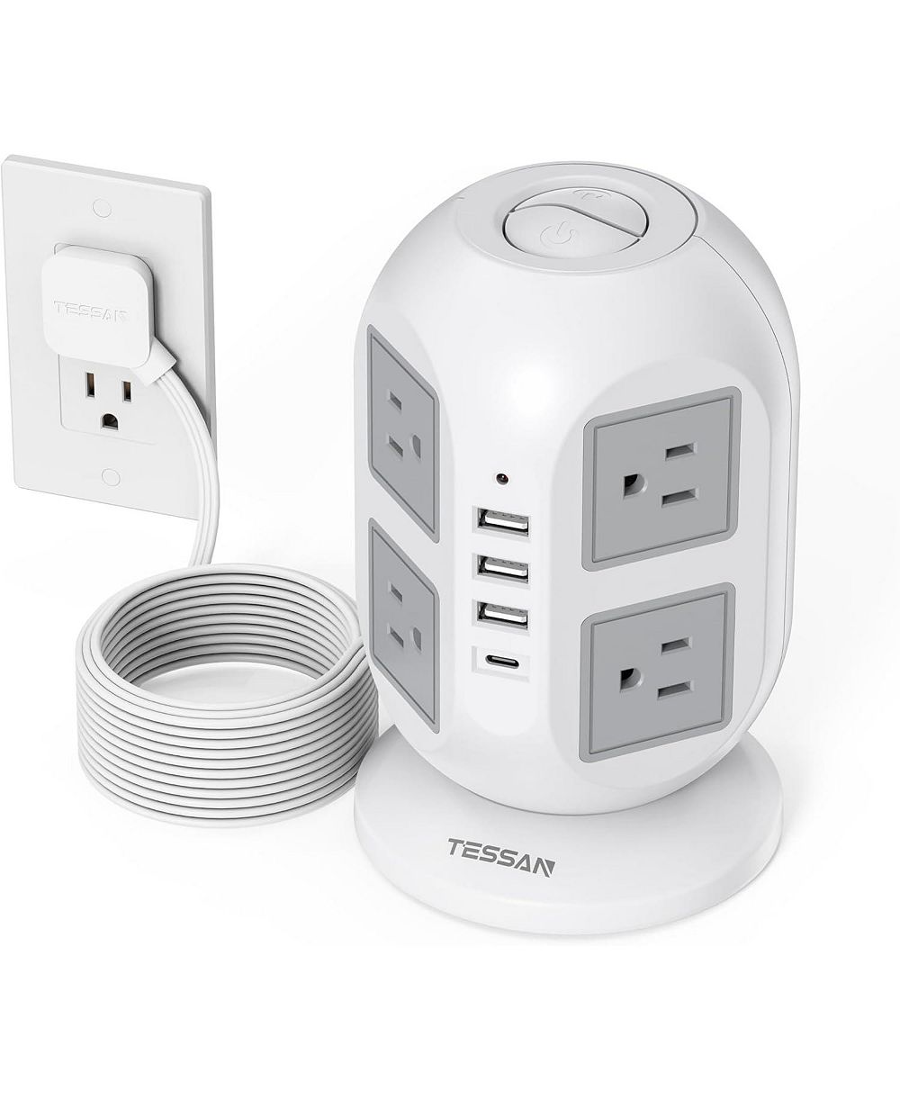 TESSAN Tower Power Strip 8 AC Outlets, 4 USB Ports (USB-C), 10-Foot Cord for North American Plugs