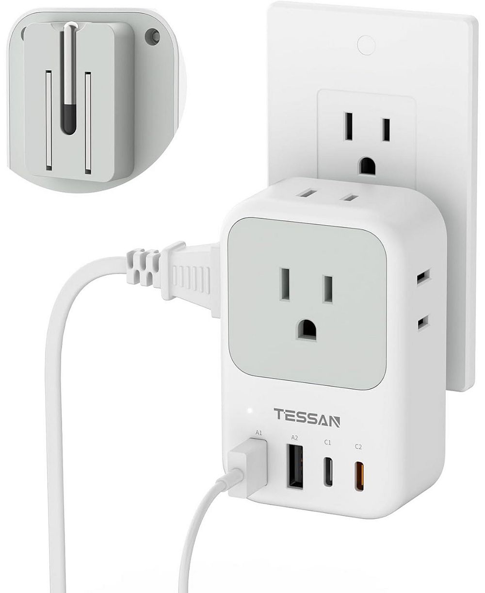 TESSAN складное настенное зарядное устройство USB-C 20 Вт с розетками переменного тока и USB-портами для совместимых устройств