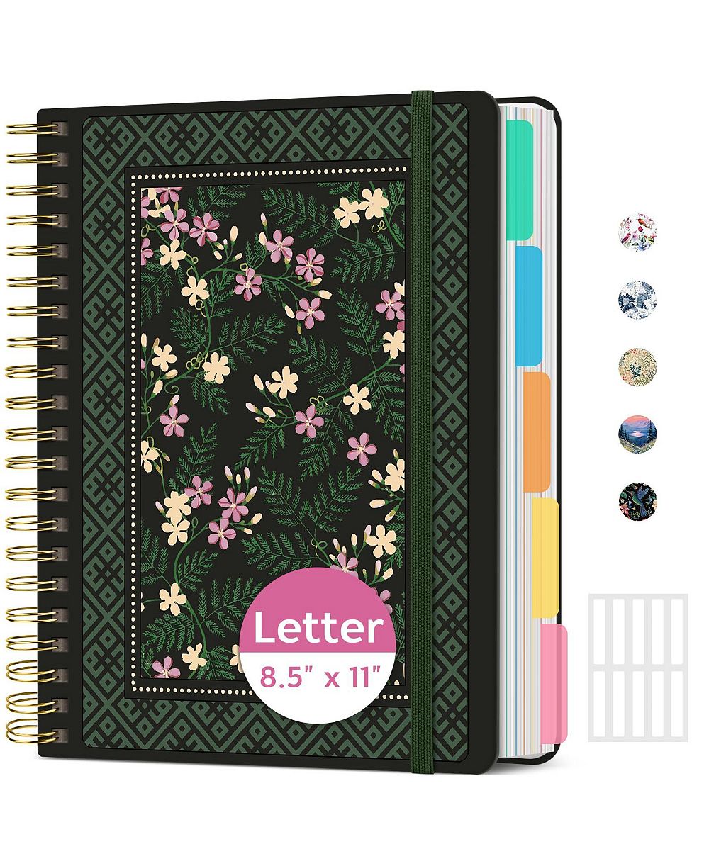 DANRONG Aesthetic Floral Spiral Notebook 5 Subject Dividers College Ruled Hardcover Journal For Work School