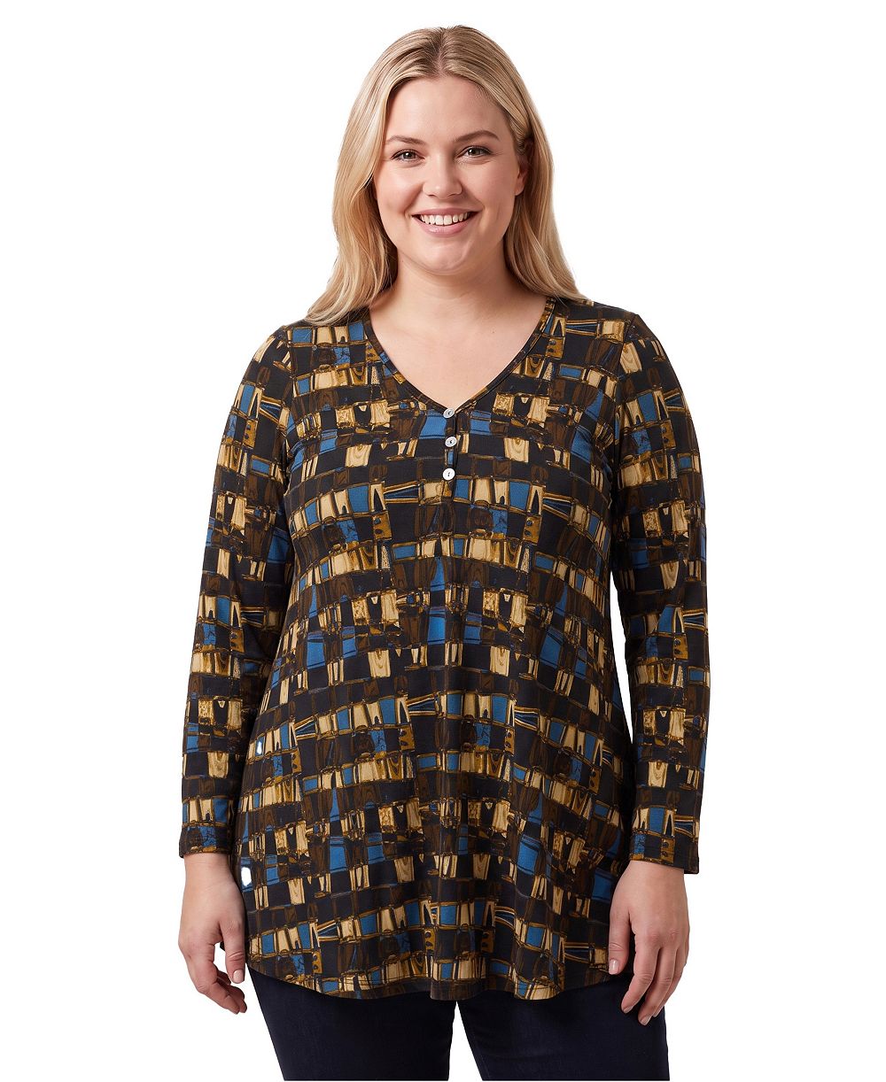 24seven Comfort Apparel Plus-Size Camo Crewneck 3/4-Sleeve Top