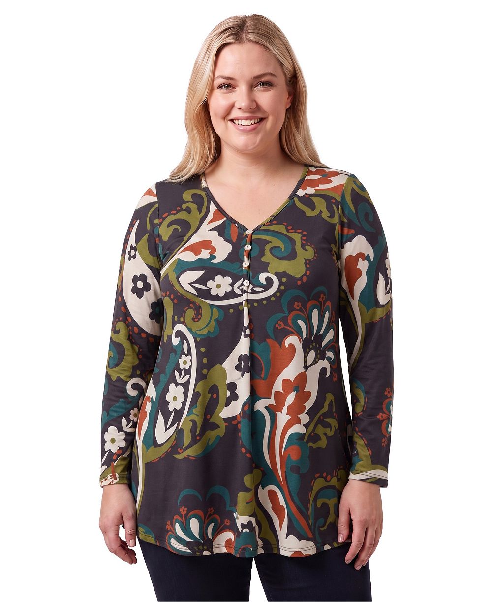 24seven Comfort Apparel Plus Size Soft Stretch V-Neck Paisley Long-Sleeve Tunic