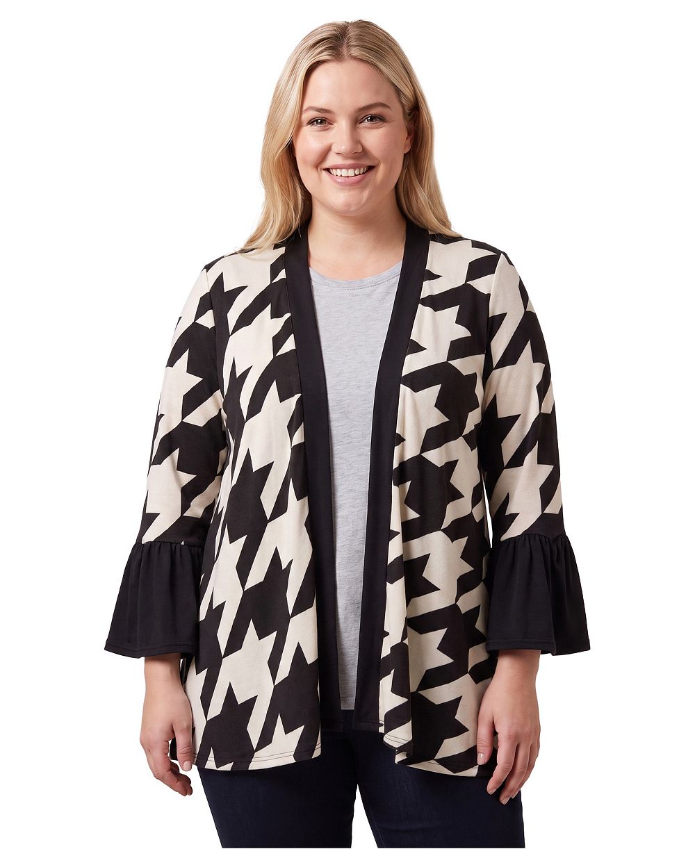 24seven Comfort Apparel Plus Size Open-Front Bell-Sleeve Houndstooth Cardigan Sweater