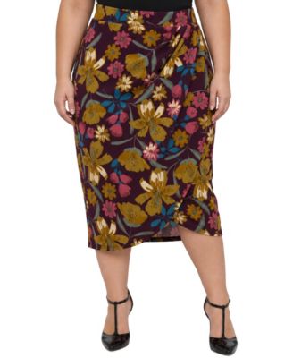24seven Comfort Apparel Plus Size Floral-Print High-Waisted Pencil Skirt