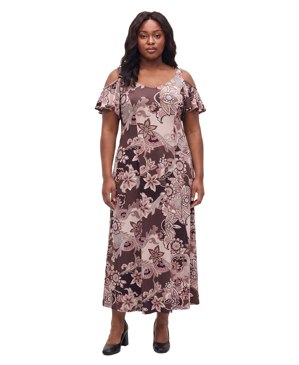 24seven Comfort Apparel Plus Size Cold-Shoulder Floral-Print A-Line Maxi Dress