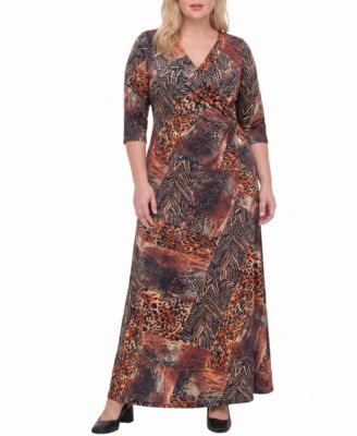 Платье-макси 24seven Comfort Apparel Plus Size с животным принтом и V-образным вырезом