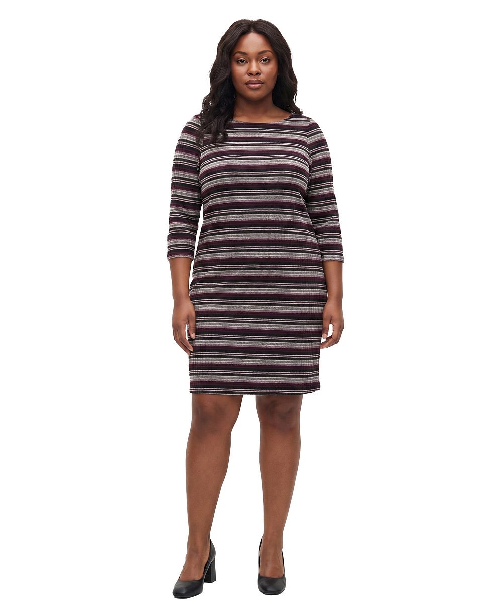 24seven Comfort Apparel Plus Size Stripe Boat Neck 3/4 Sleeve Dress