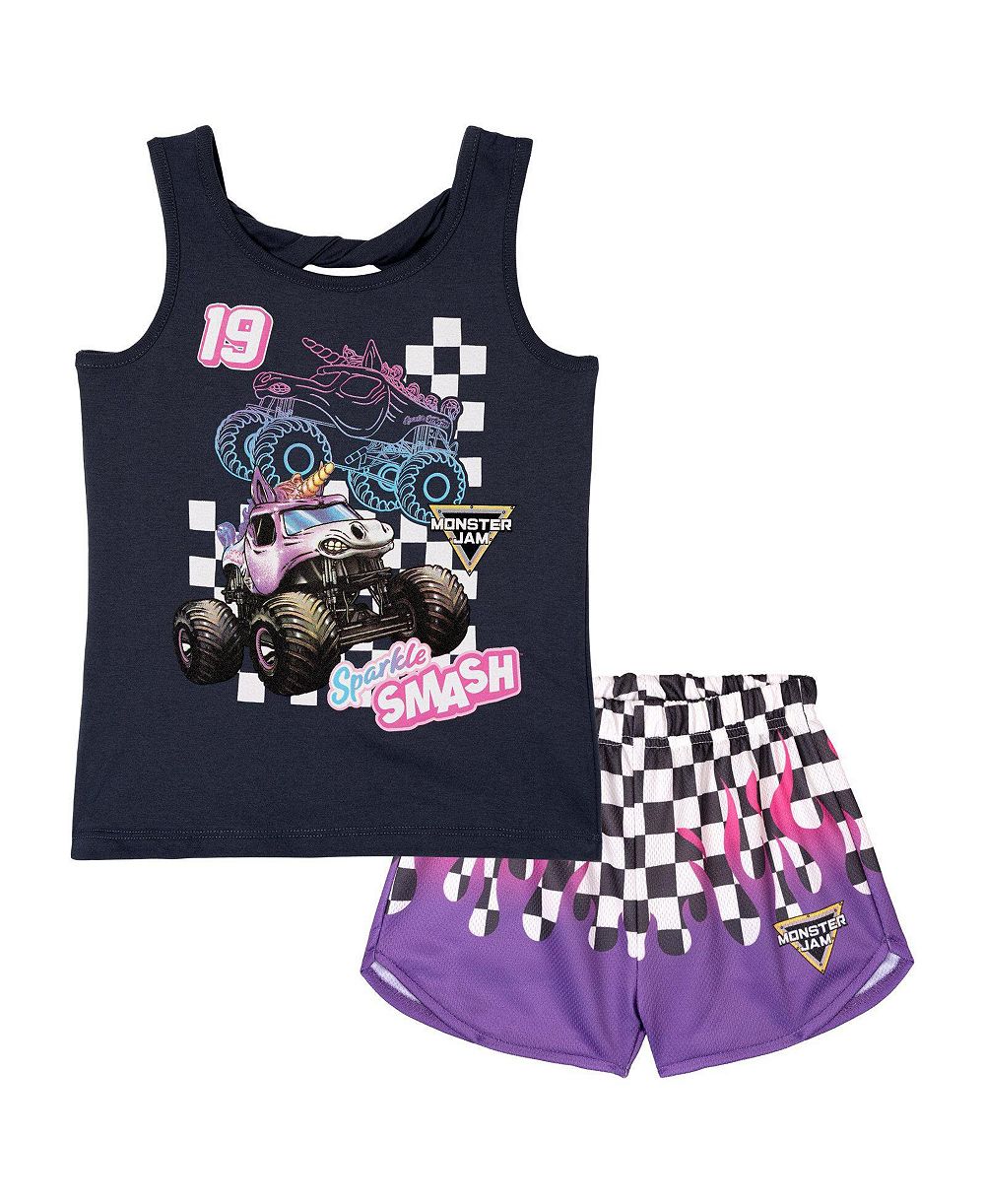 Monster Jam Girls' 4-16 Sparkle Smash Sleeveless Athletic Graphic Tank Top and Shorts, 2-Piece Set