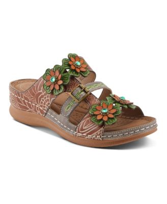 L'Artiste Brash Hand-Painted Floral Leather Wedge Sandals