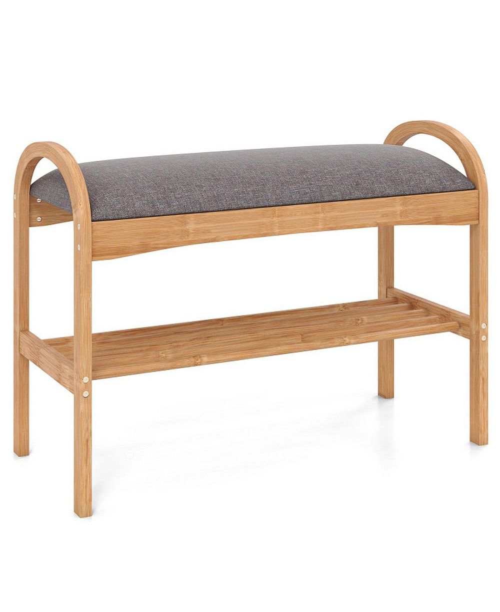GOUUN 2-Tier Bamboo Shoe Bench with Padded Cushion and Slatted Shelf